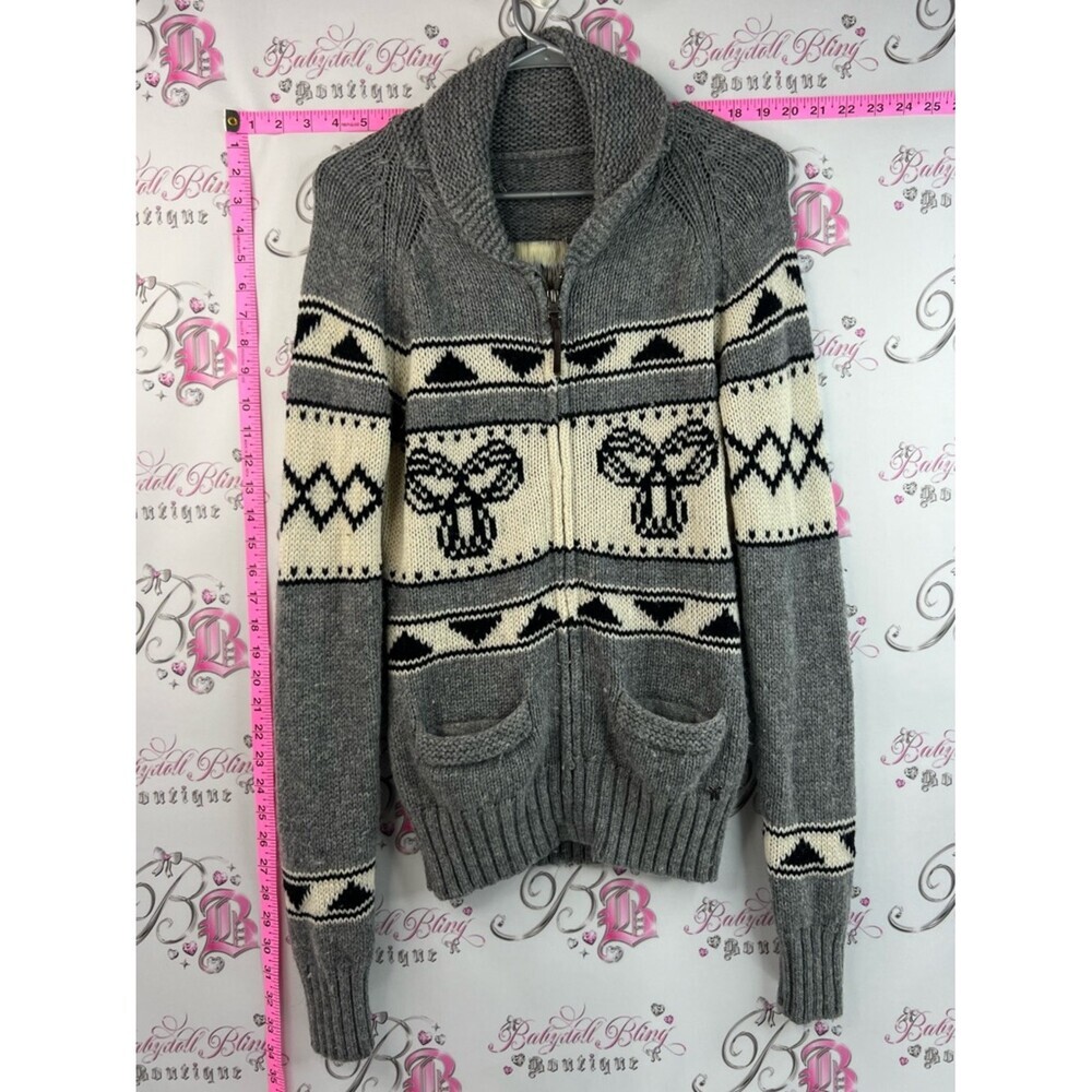 TNA wool sweater zip up knitted Gray and Cream Zip-Up Shawl-Collar Cardigan